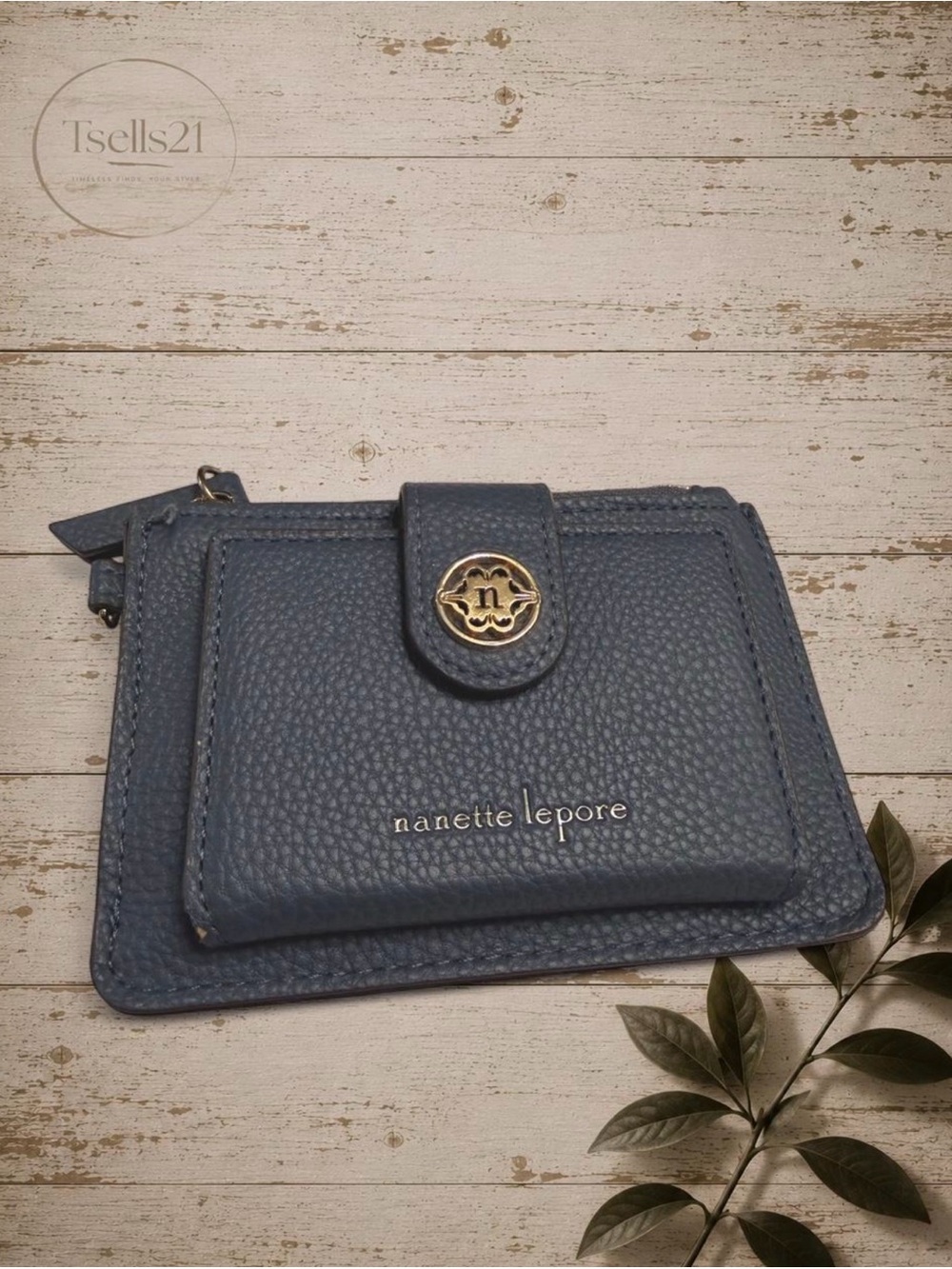 Nanette Lepore Dark Navy/Gold Pebbled Card Holder Wallet / Coin Purse